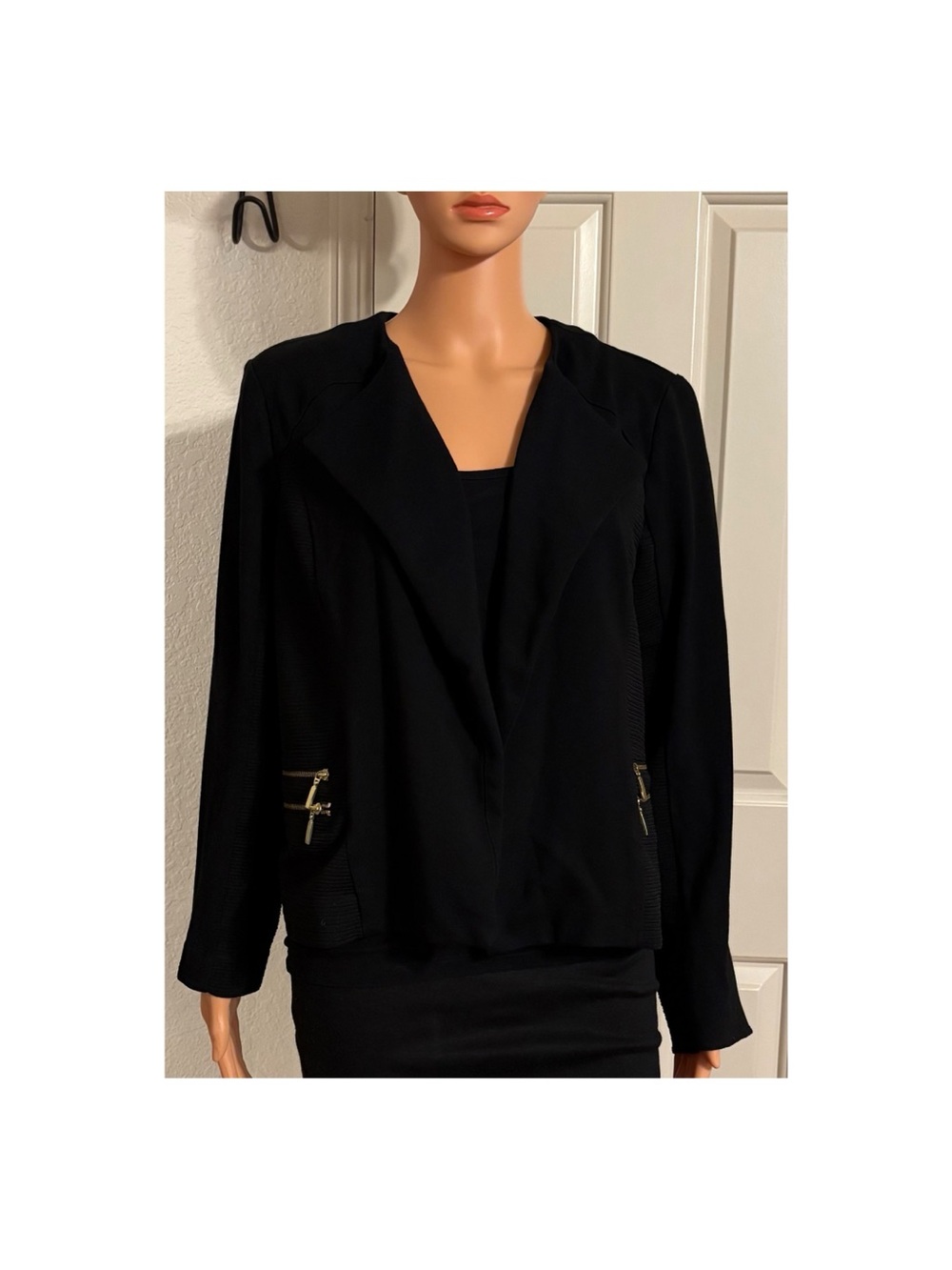 Chico's Black Open-Front Blazer with Gold Zips